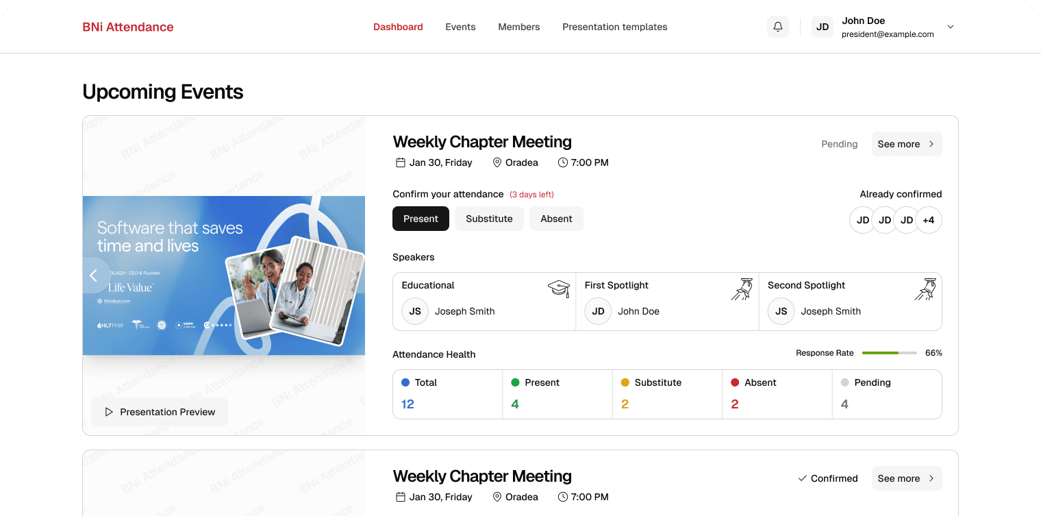 Business Attendance dashboard showing upcoming events, attendance tracking, and speaker assignments